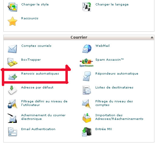 cpanel renvois automatiques