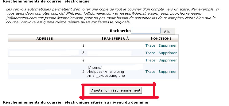 réacheminement cpanel